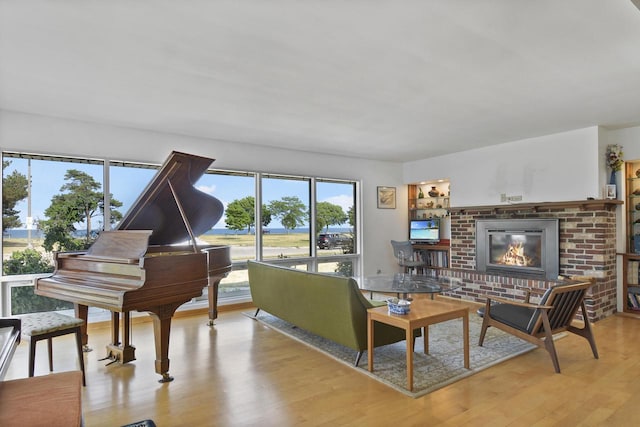 living room with a fireplace and light hardwood / wood-style flooring