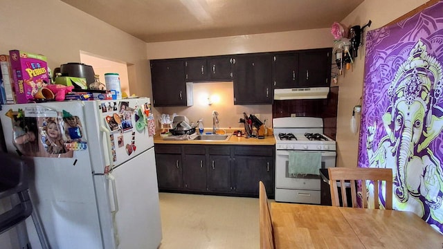 kitchen with sink, dark brown cabinets, and white appliances