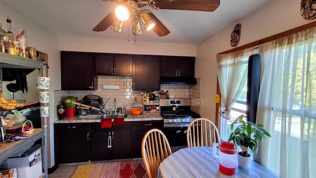 kitchen featuring dark brown cabinets, decorative backsplash, stainless steel stove, and sink