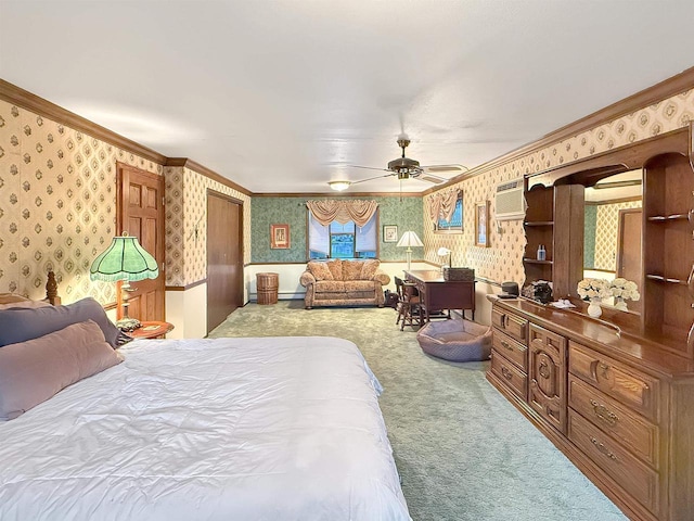 bedroom with crown molding, a wall mounted AC, light colored carpet, and ceiling fan