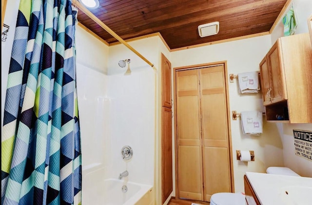 full bathroom with shower / bath combination with curtain, toilet, wooden ceiling, and vanity