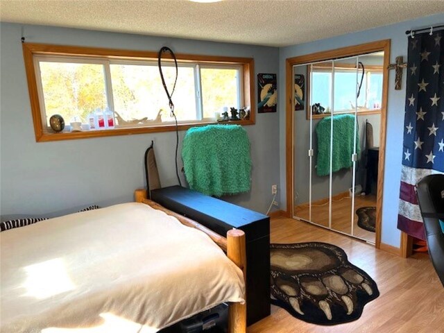 345 Old County D, Shell Lake, WI 54871 - bedroom featuring baseboards, wood finished floors, a textured ceiling, and a closet