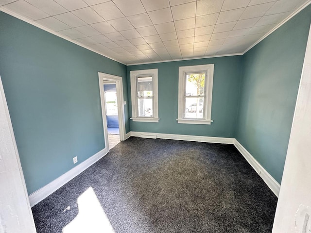 unfurnished room with crown molding and carpet floors