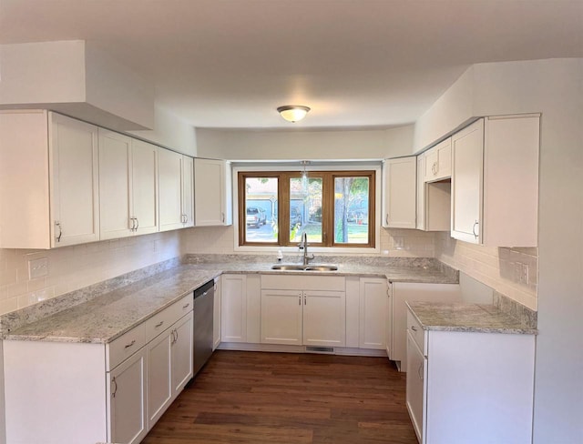 kitchen with sink, white cabinets, tasteful backsplash, stainless steel dishwasher, and dark wood-type flooring