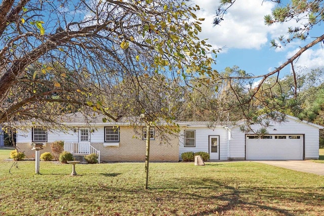 single story home with a front yard and a garage