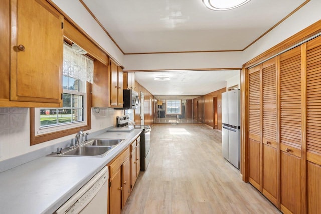 kitchen with backsplash, sink, stainless steel appliances, and light hardwood / wood-style floors