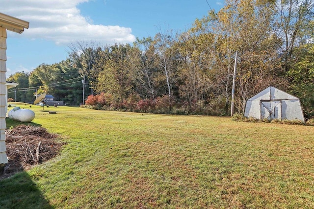 view of yard featuring a storage shed