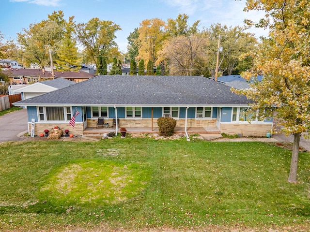 single story home with a porch and a front yard