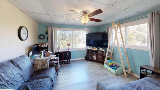 living room with light hardwood / wood-style floors, a drop ceiling, and ceiling fan