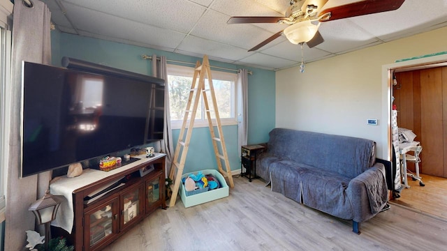 living room featuring a paneled ceiling, light wood-type flooring, and ceiling fan