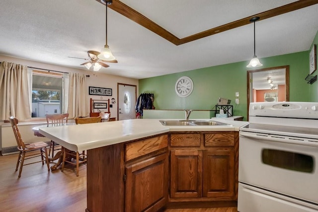 kitchen with light hardwood / wood-style flooring, hanging light fixtures, sink, white range with electric stovetop, and ceiling fan