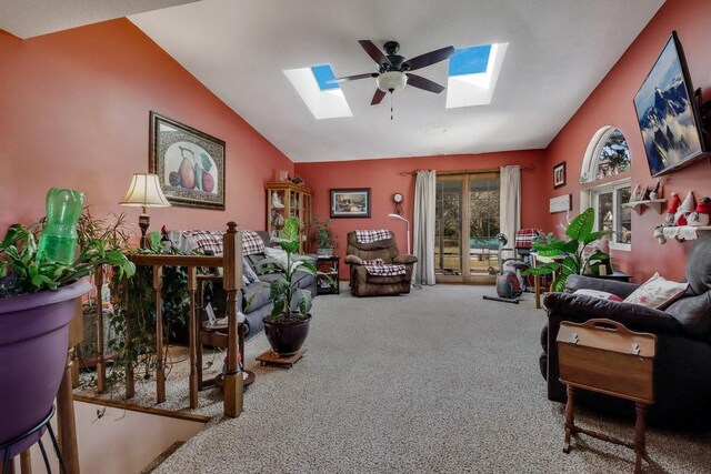 26314 276th St, Holcombe, WI 54745 - carpeted living room featuring ceiling fan, high vaulted ceiling, and a skylight