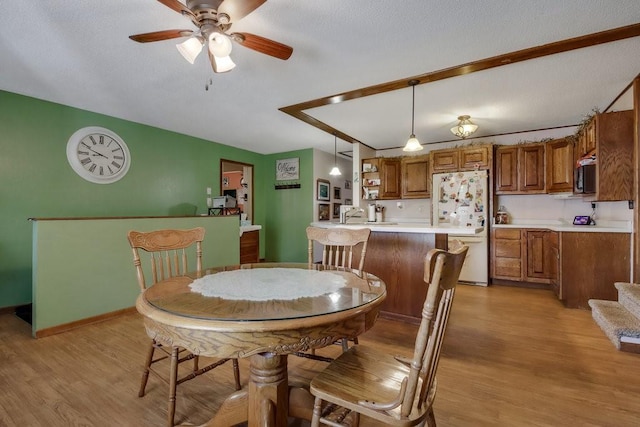 dining space with light hardwood / wood-style flooring and ceiling fan