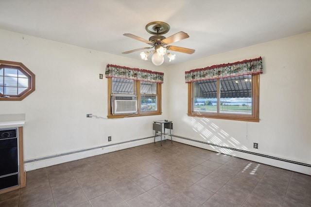 tiled empty room with a baseboard radiator, cooling unit, and ceiling fan