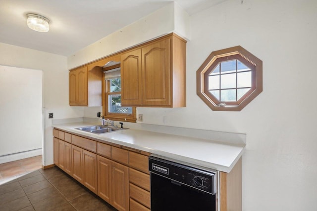 kitchen featuring dishwasher, sink, dark tile patterned floors, and a baseboard heating unit