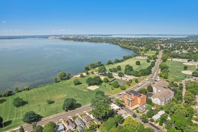 drone / aerial view with a water view