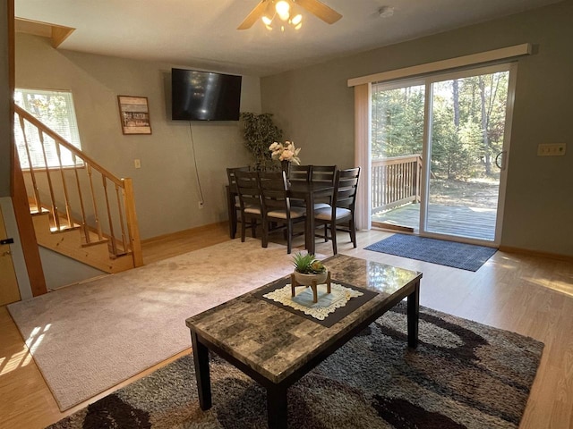 living room featuring ceiling fan and light hardwood / wood-style flooring