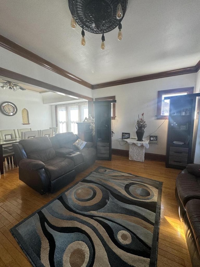 living room featuring hardwood / wood-style flooring, ornamental molding, and a textured ceiling