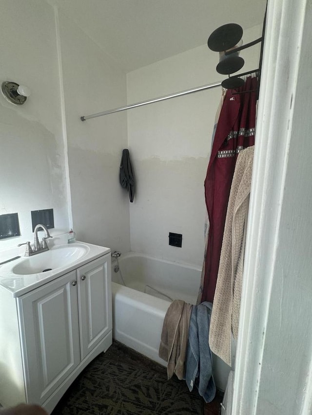 bathroom with vanity and shower / bath combination with curtain