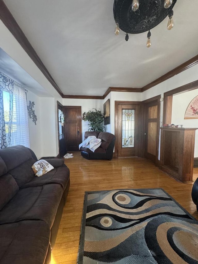 living room with ornamental molding and wood finished floors