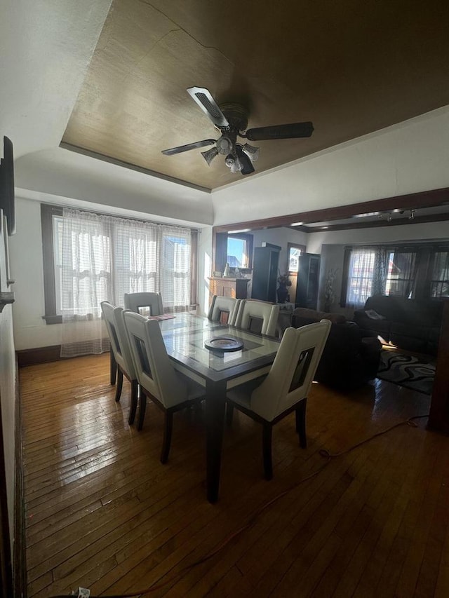 dining space featuring ceiling fan, hardwood / wood-style flooring, baseboards, and a raised ceiling