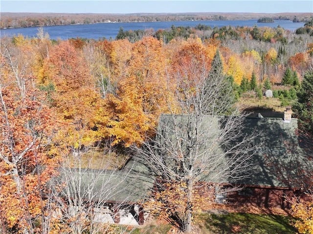 aerial view featuring a water view