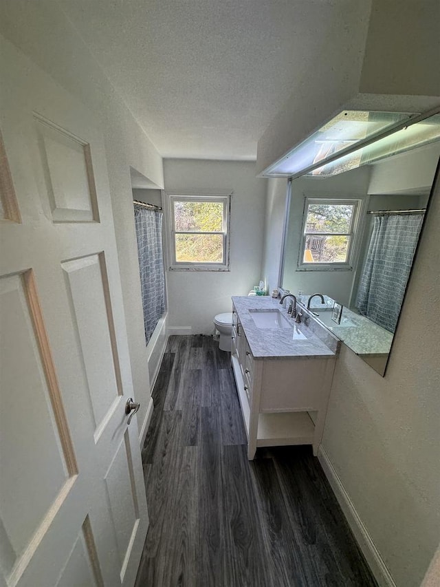 bathroom featuring toilet, wood-type flooring, vanity, a textured ceiling, and walk in shower