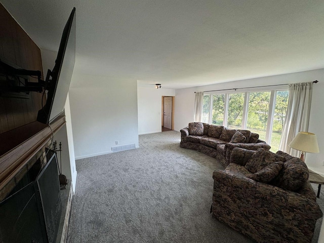 living room featuring a textured ceiling and carpet flooring