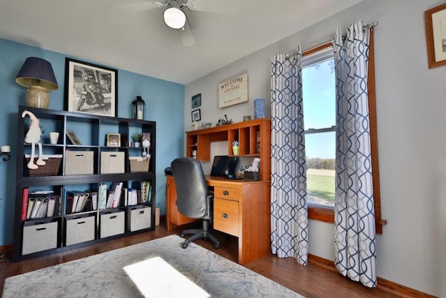 home office with dark wood-type flooring, ceiling fan, and plenty of natural light