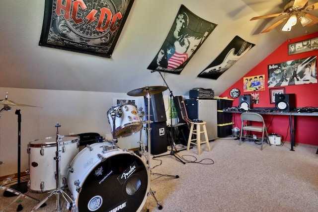 recreation room featuring ceiling fan, carpet, lofted ceiling, and water heater