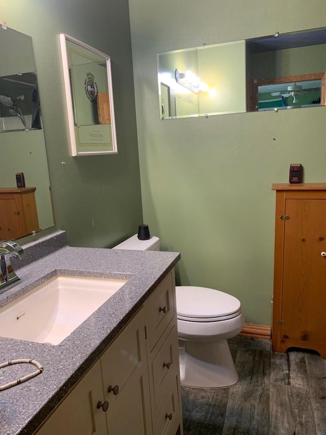 bathroom with vanity, hardwood / wood-style floors, and toilet