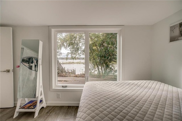 bedroom with multiple windows, a water view, and dark hardwood / wood-style flooring