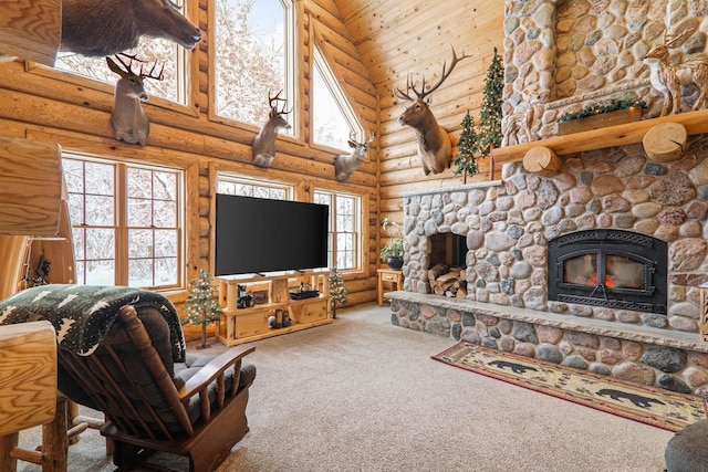 living room featuring high vaulted ceiling, a stone fireplace, carpet, and rustic walls