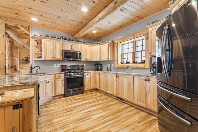 kitchen featuring wood ceiling, beam ceiling, appliances with stainless steel finishes, light hardwood / wood-style floors, and light stone counters