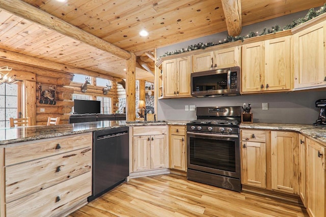 kitchen with appliances with stainless steel finishes, wooden ceiling, stone countertops, light hardwood / wood-style floors, and log walls