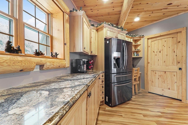 kitchen featuring wood ceiling, stainless steel fridge with ice dispenser, light brown cabinetry, light hardwood / wood-style flooring, and beamed ceiling