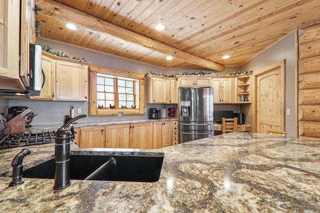 kitchen featuring stone countertops, beam ceiling, wooden ceiling, stainless steel fridge with ice dispenser, and light brown cabinetry