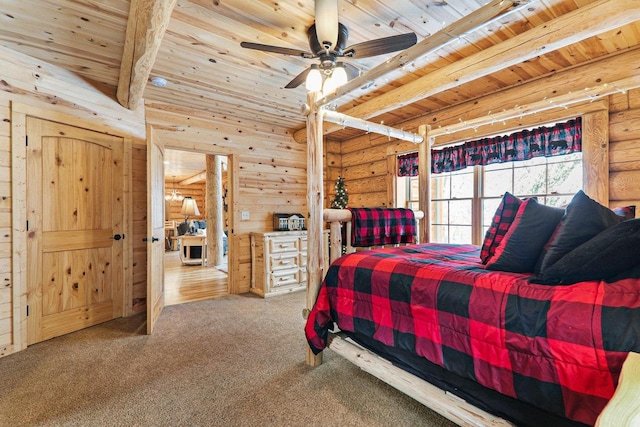 carpeted bedroom featuring beam ceiling, wood walls, ceiling fan, and wooden ceiling