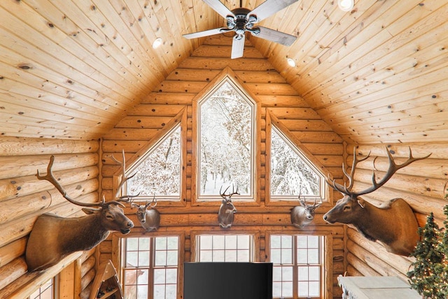 interior details with wood ceiling, rustic walls, and ceiling fan