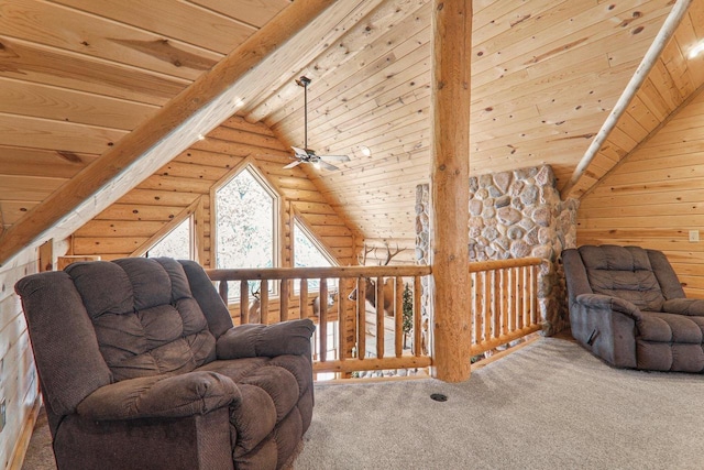 sitting room featuring wood ceiling, carpet, vaulted ceiling with beams, and ceiling fan