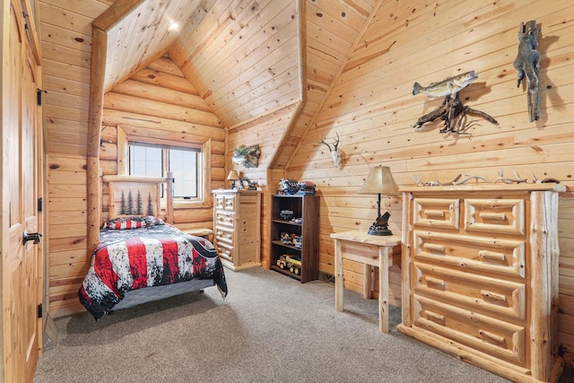 carpeted bedroom with wooden walls, vaulted ceiling, and wood ceiling