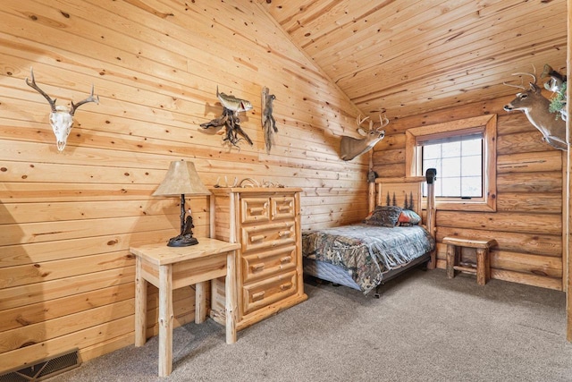 bedroom featuring wood ceiling, carpet, and vaulted ceiling