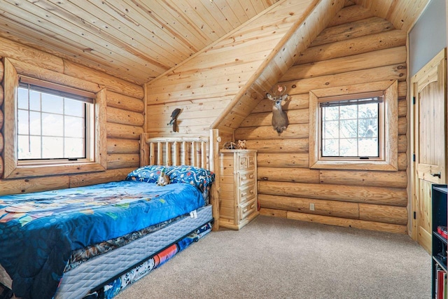 carpeted bedroom with lofted ceiling, wood ceiling, and rustic walls