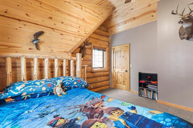 carpeted bedroom featuring wooden ceiling, vaulted ceiling, and rustic walls