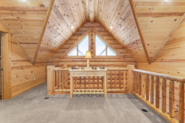 additional living space with wooden walls, carpet flooring, and wooden ceiling