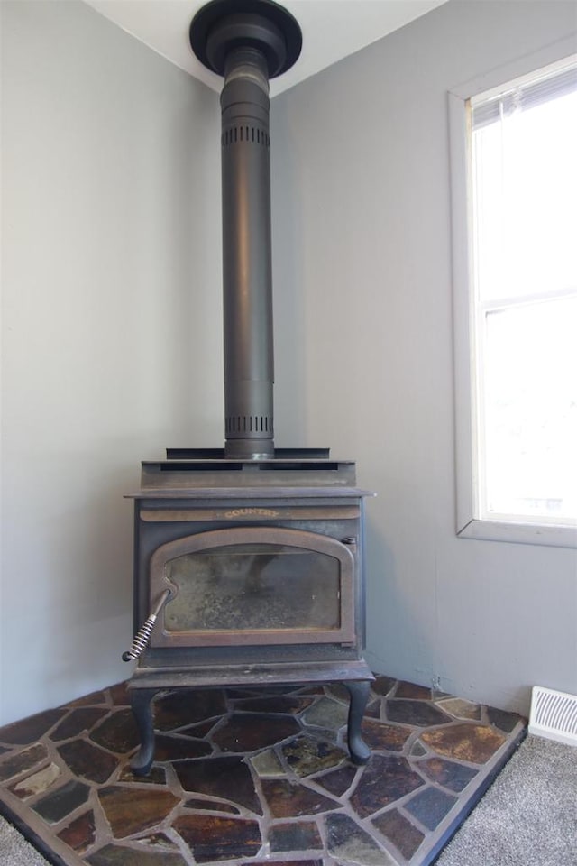 details featuring a wood stove and carpet floors