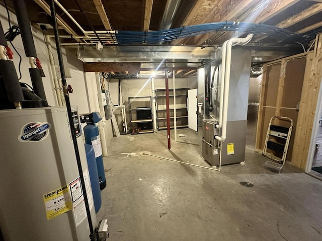 basement with heating unit and gas water heater