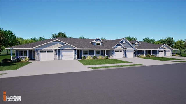 single story home with an attached garage, a front lawn, and concrete driveway