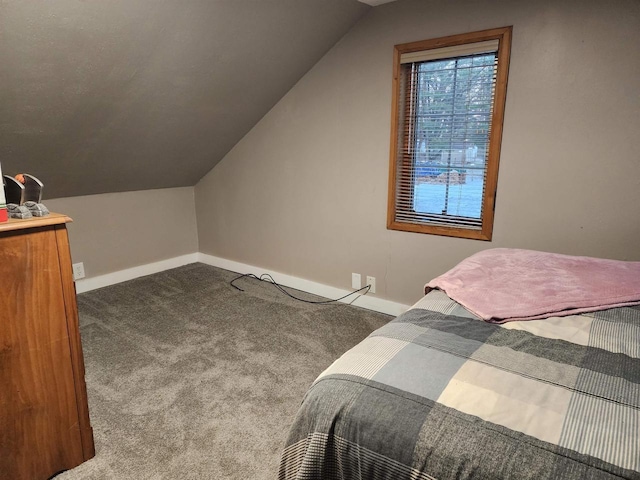 bedroom featuring carpet and lofted ceiling