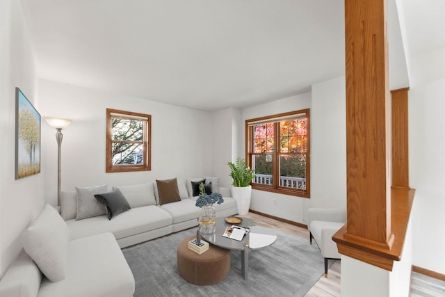 living room with light hardwood / wood-style flooring and a wealth of natural light